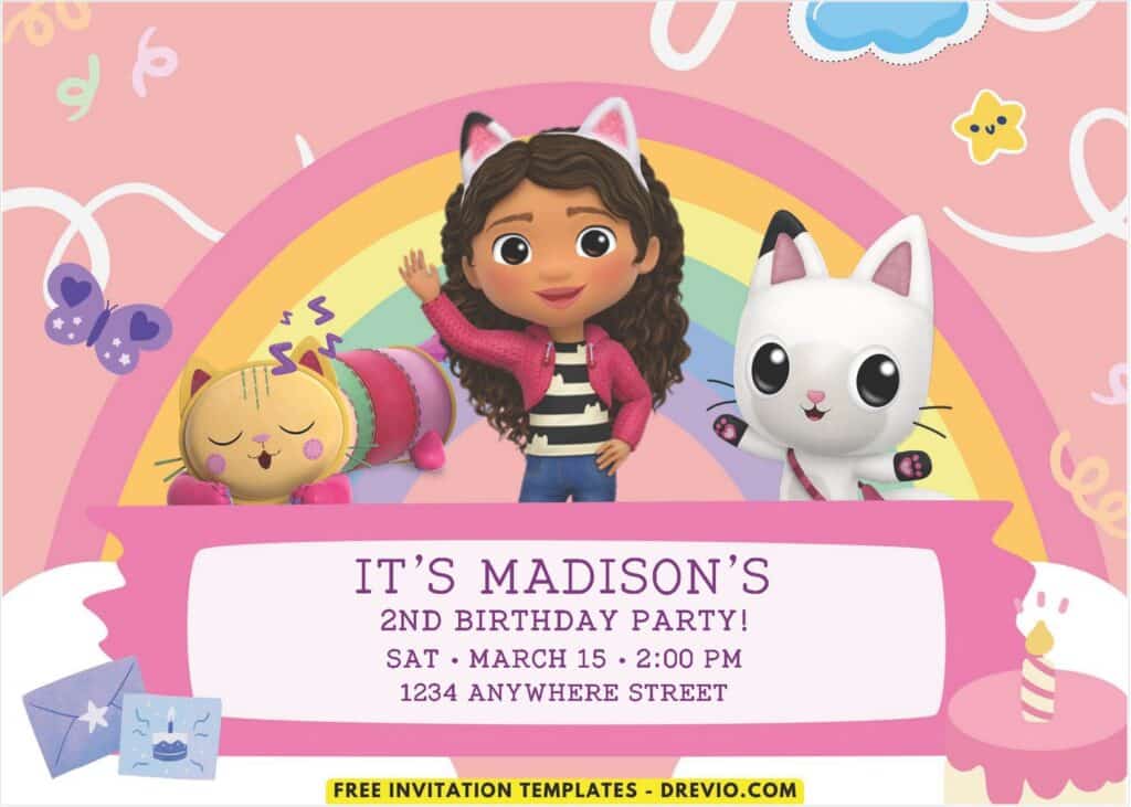 Rainbow Gabby Dollhouse Birthday Invitation