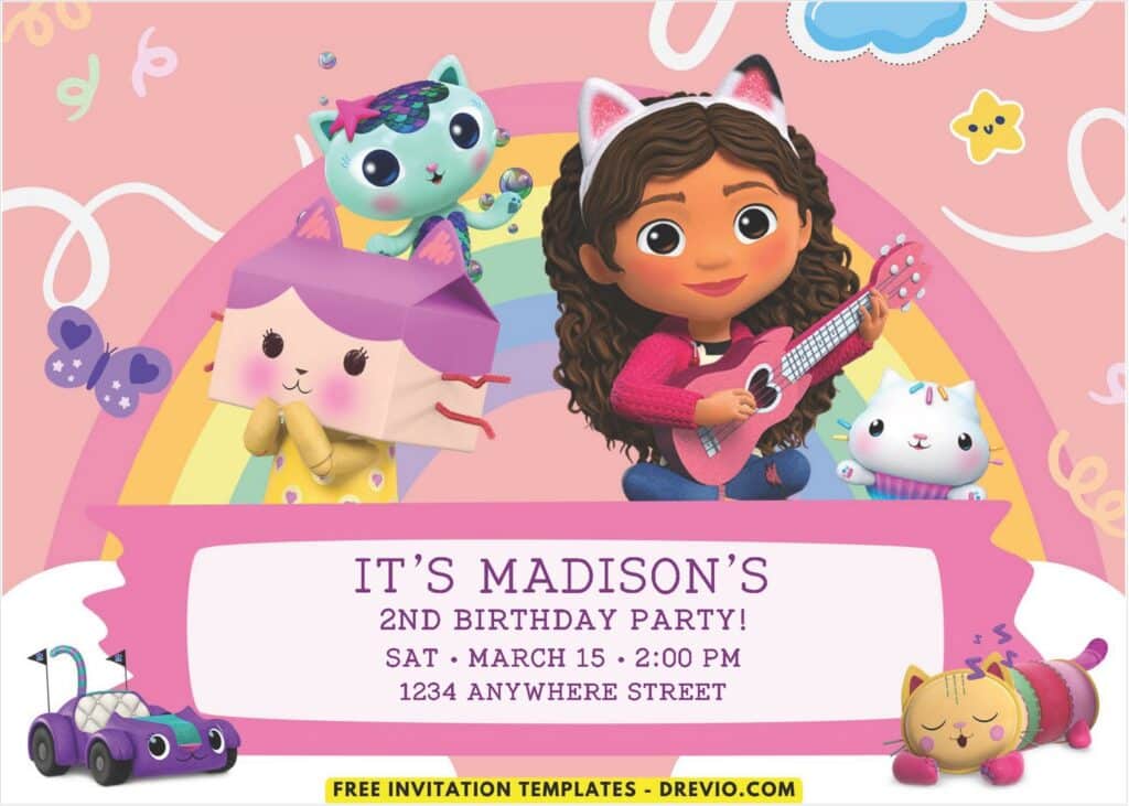 Pastel Rainbow Gabby Dollhouse Birthday Invitation