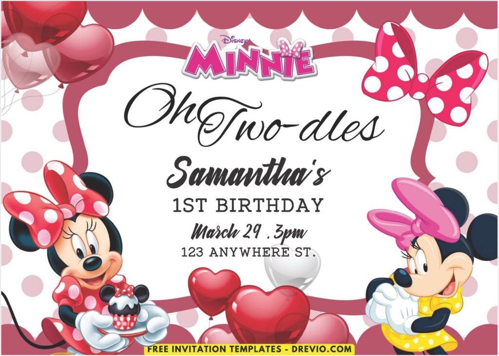 Heart Shaped Pink balloon Minnie Mouse Birthday Invitation