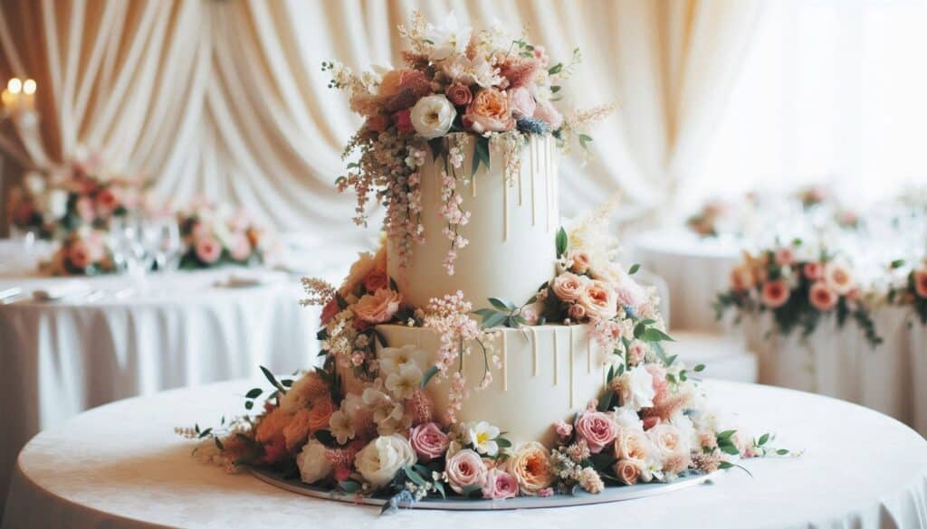 two tiered wedding cake with fresh flower topper