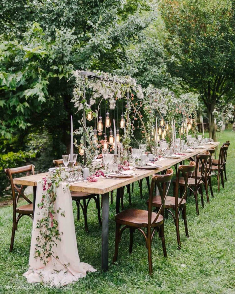 Rustic Garden Boho Wedding with long wooden table runner