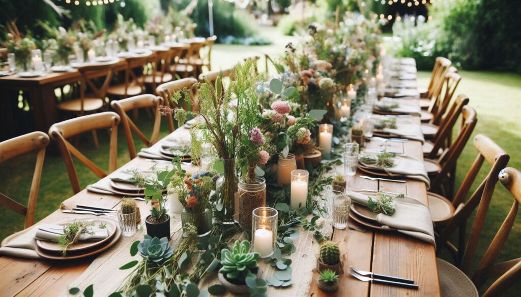 long wooden farm tables with greenery runners and candles