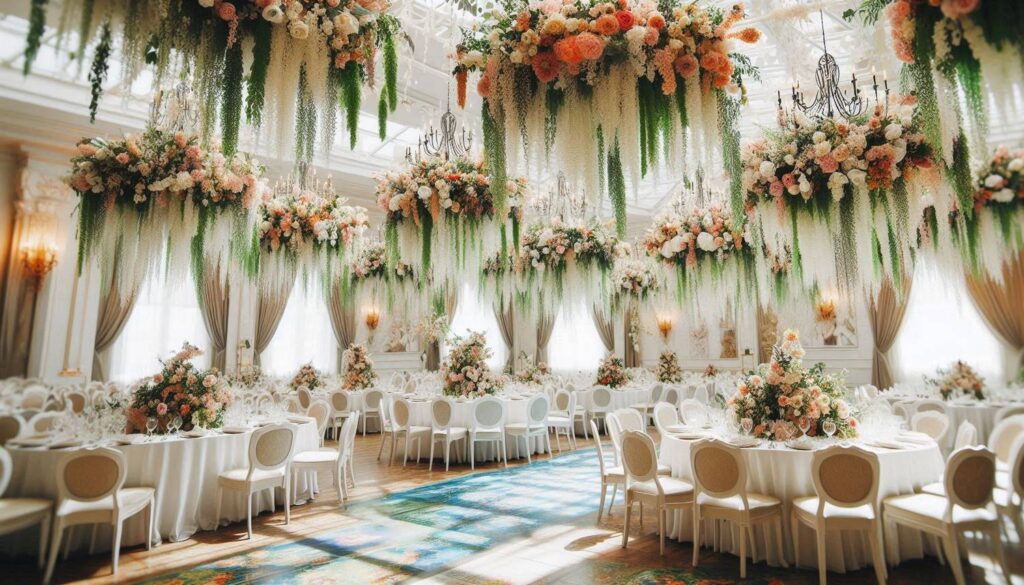 long farm tables with greenery runners