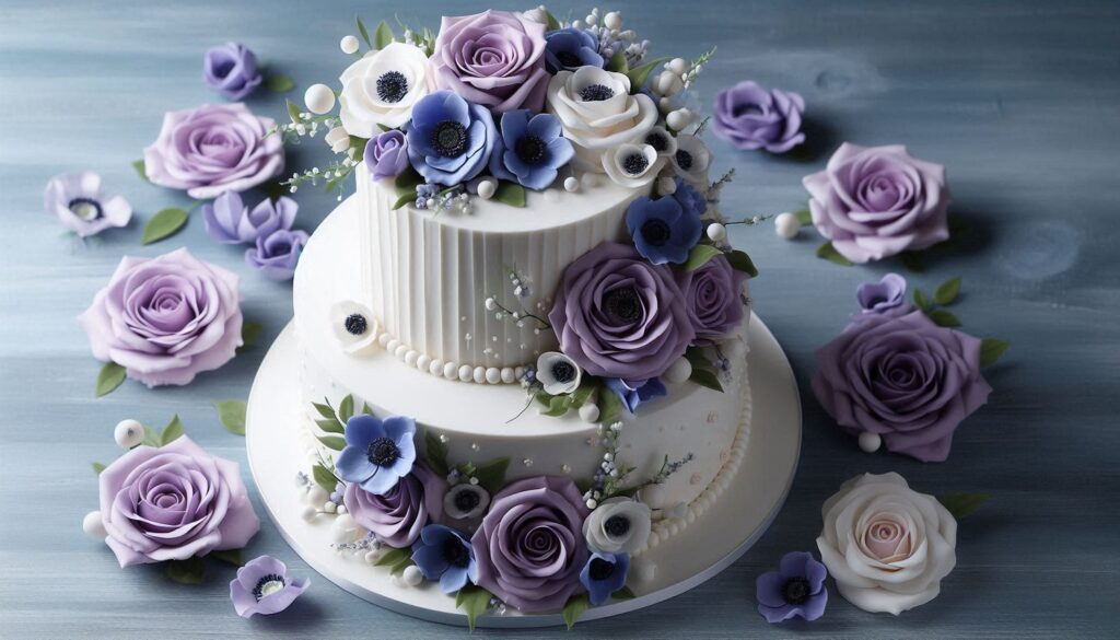 multi-tiered cake adorned with delicate blue and purple sugar roses