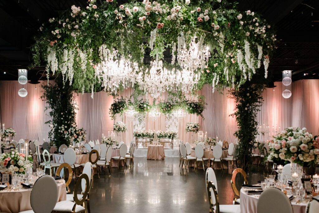 Enchanted Indoor Garden Wedding with hanging suspended floral arrangements