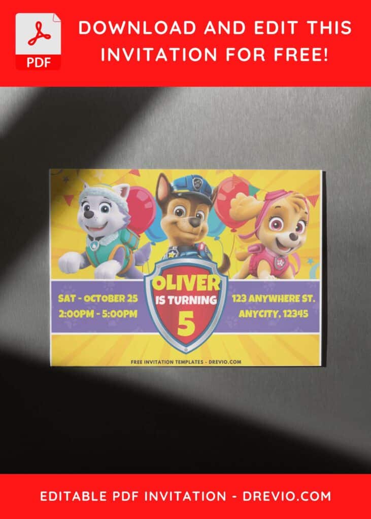 PAW Patrol badge birthday invitation with Chase and Skye