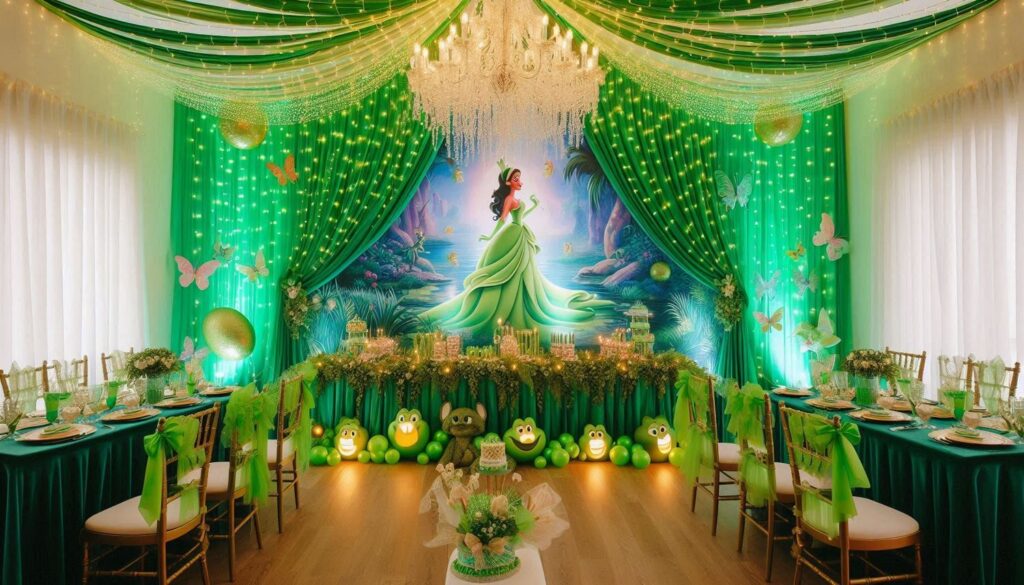 Sparkling Princess Tiana and Frog Birthday Party decor with candles, Tiana backdrop banner and more