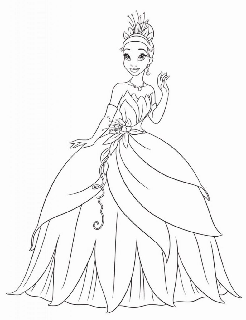 Free Princess Tiana in Flowy Dress Coloring Page template