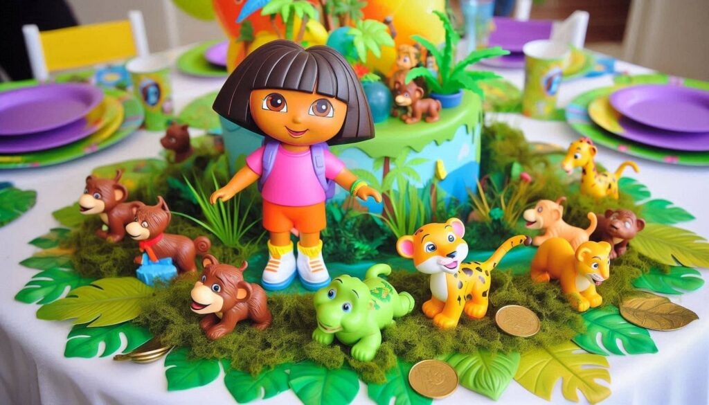 Dora delicious Birthday Cake with edible jungle leaves, as well as Dora and Boots in the front and center