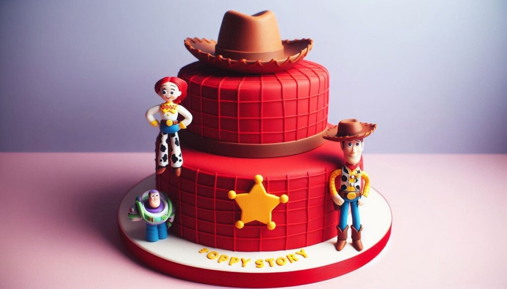 Simple Woody’s Cowboy Cake with red frosting and Edible Woody's Hat Topper