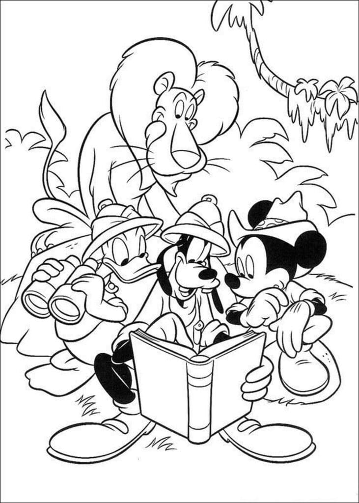 Disney Mickey Mouse, Minnie Mouse and Donald Duck and Bear Safari-themed coloring page template