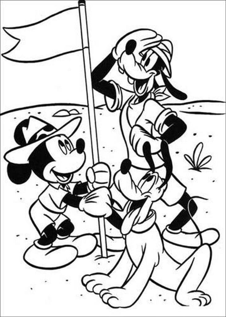 Disney Mickey Mouse, Goofy and Pluto and Bear Safari-themed coloring page template