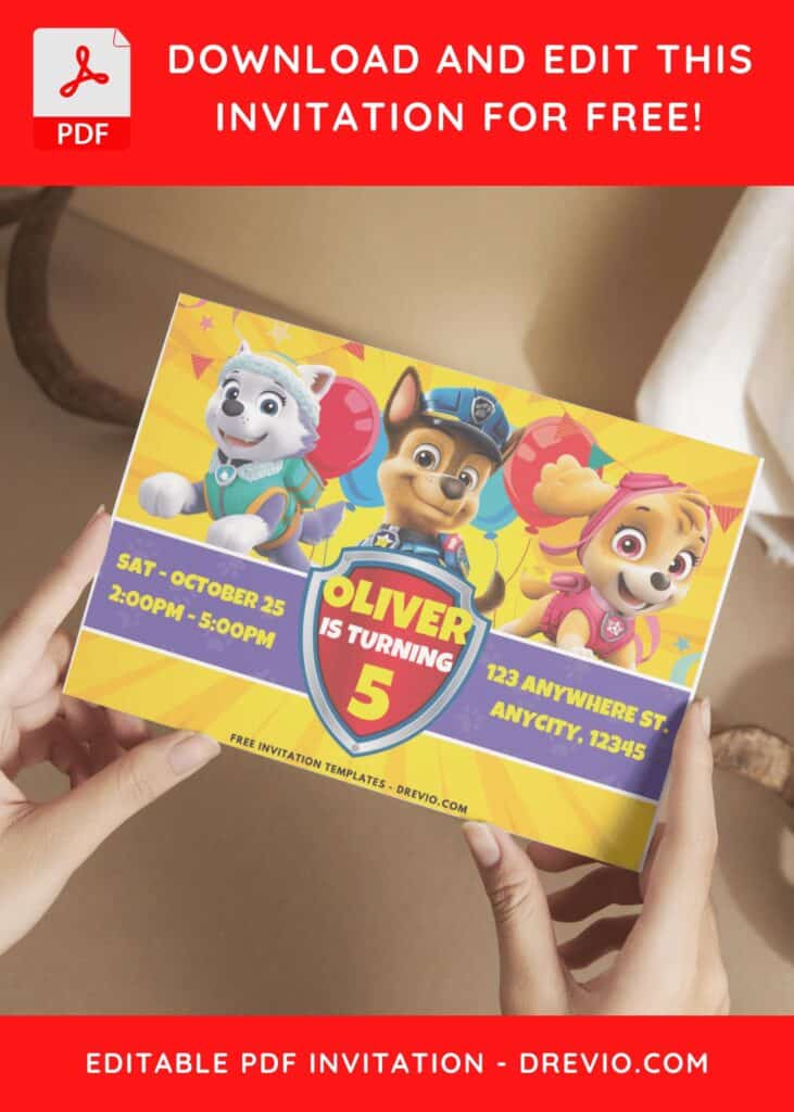 PAW Patrol badge birthday invitation with Skye and Everest