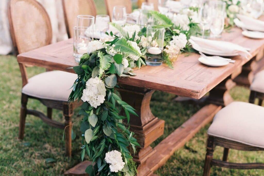 Beautiful Boho Eucalyptus Garland on long wooden table runner