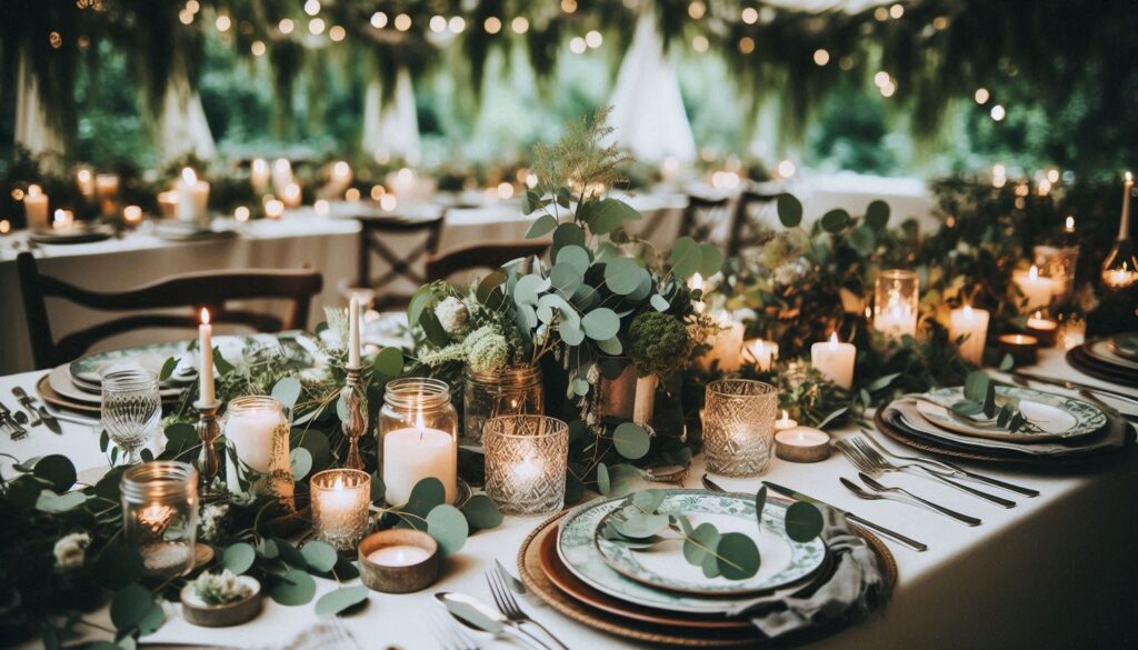 Gorgeous Greenery Boho tablescape idea with rustic candle in glass cups