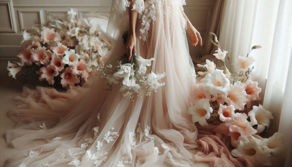 Beautiful Bride in gorgeous flowy pastel wedding dress and holding Angel Trumpet flower bouquet