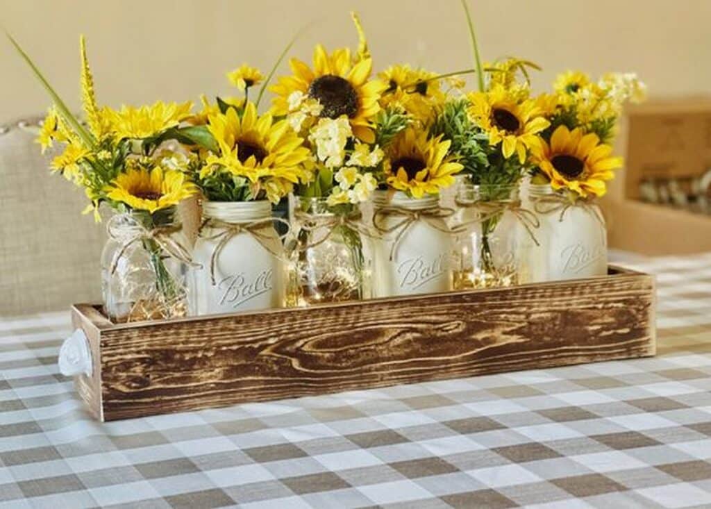 Rustic Sunflower Centerpiece in Mason Jars