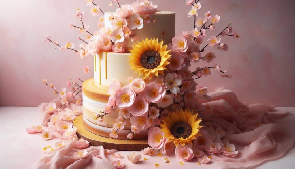 Gorgeous Sunflower & Sakura wedding cake