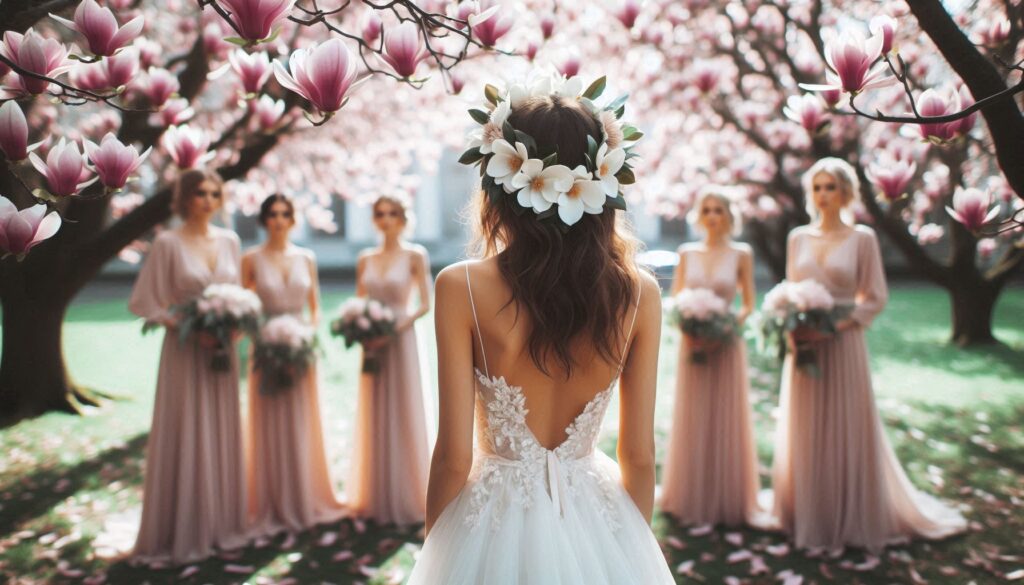 Beautiful bride in soft flowing fabrics like chiffon and lace