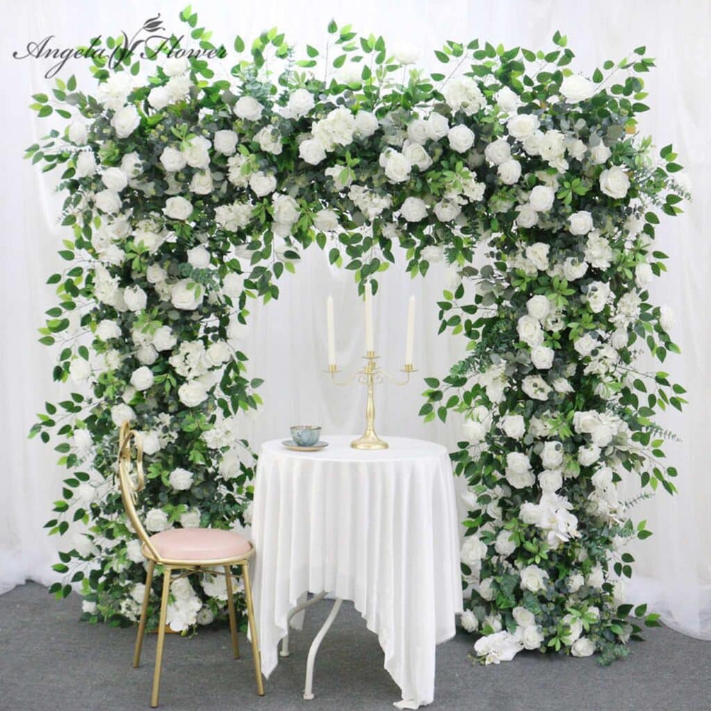 Wedding Arch with White Rose Greenery Banyan Leaves Arrangement