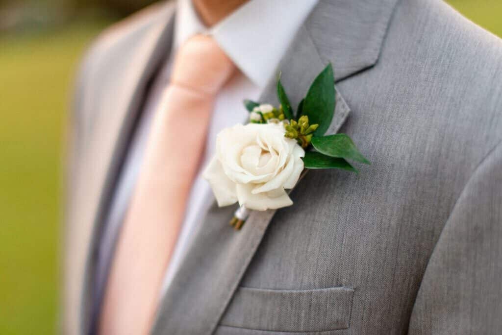 Grey Suit with Floral And Greenery Boutonniere