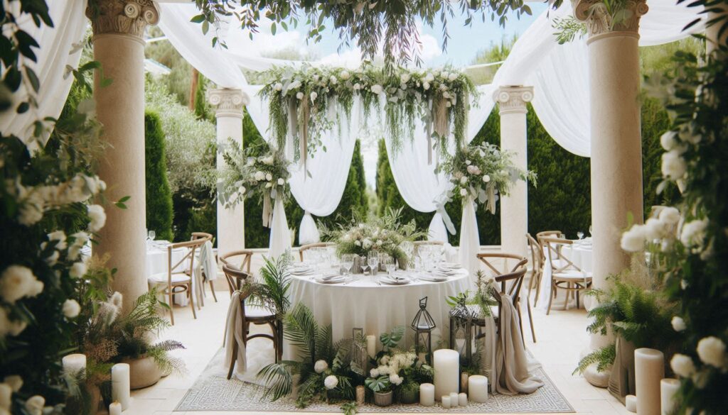 Gorgeous Greek Garden Wedding Decor with flowy fabric curtain