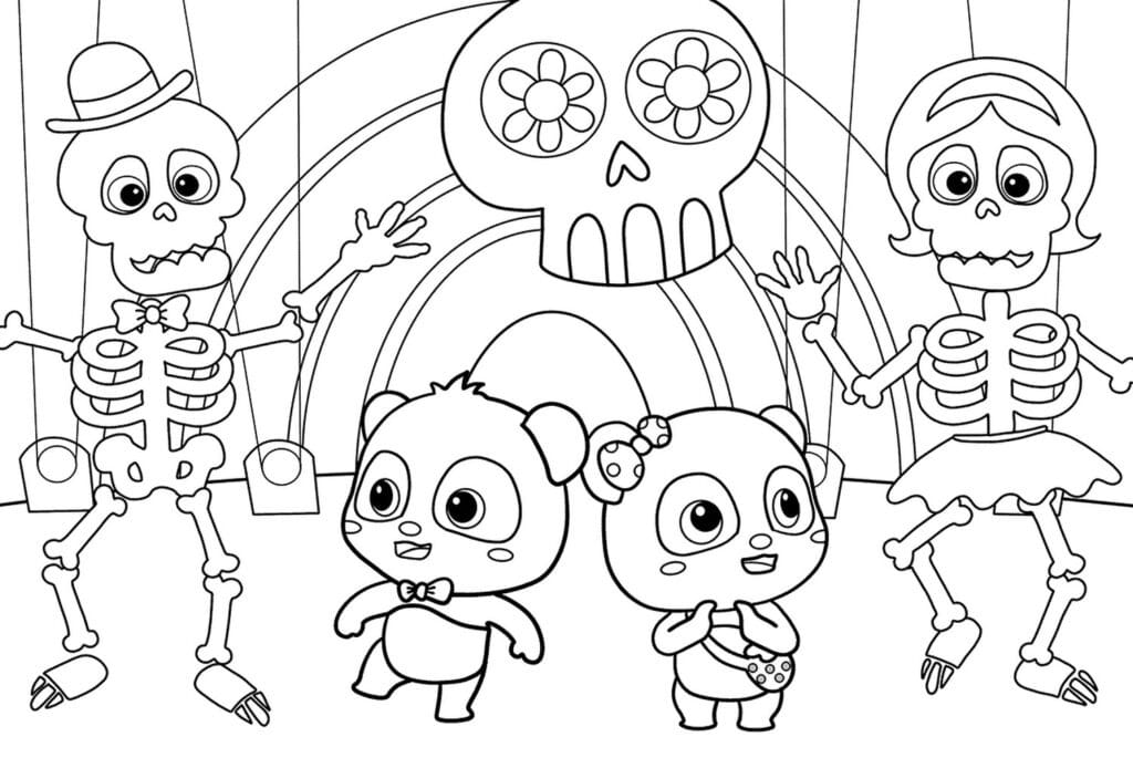 BabyBus Kiki and MiuMiu and Dancing Skeletons Coloring Page Template