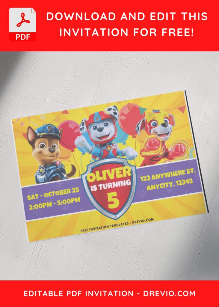 Bright Yellow and Colorful Balloon PAW Patrol invitation