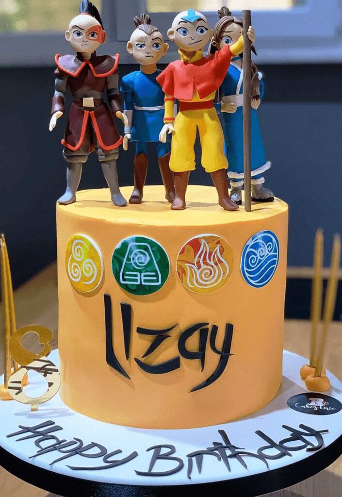 Simple Avatar the last airbender birthday cake with Aang, Kora and Zuko topper