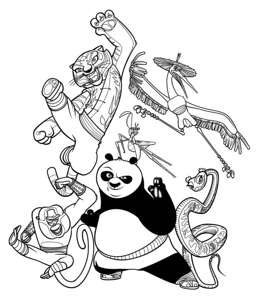 Po, Tigress, Master Shifu and friends Kung Fu Panda Coloring Pages Template