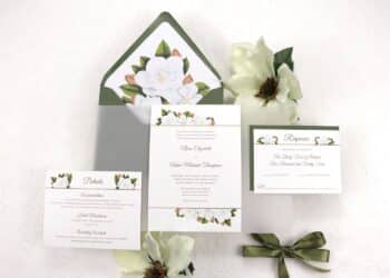 Magnolia Floral Wedding Invitations (Credit: camelliamemories)