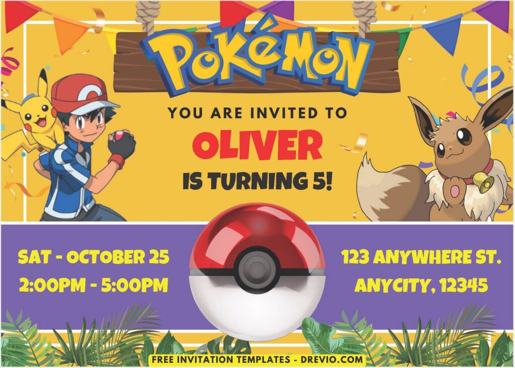 Pokemon Birthday Invitation with colorful bunting flags and pokeball