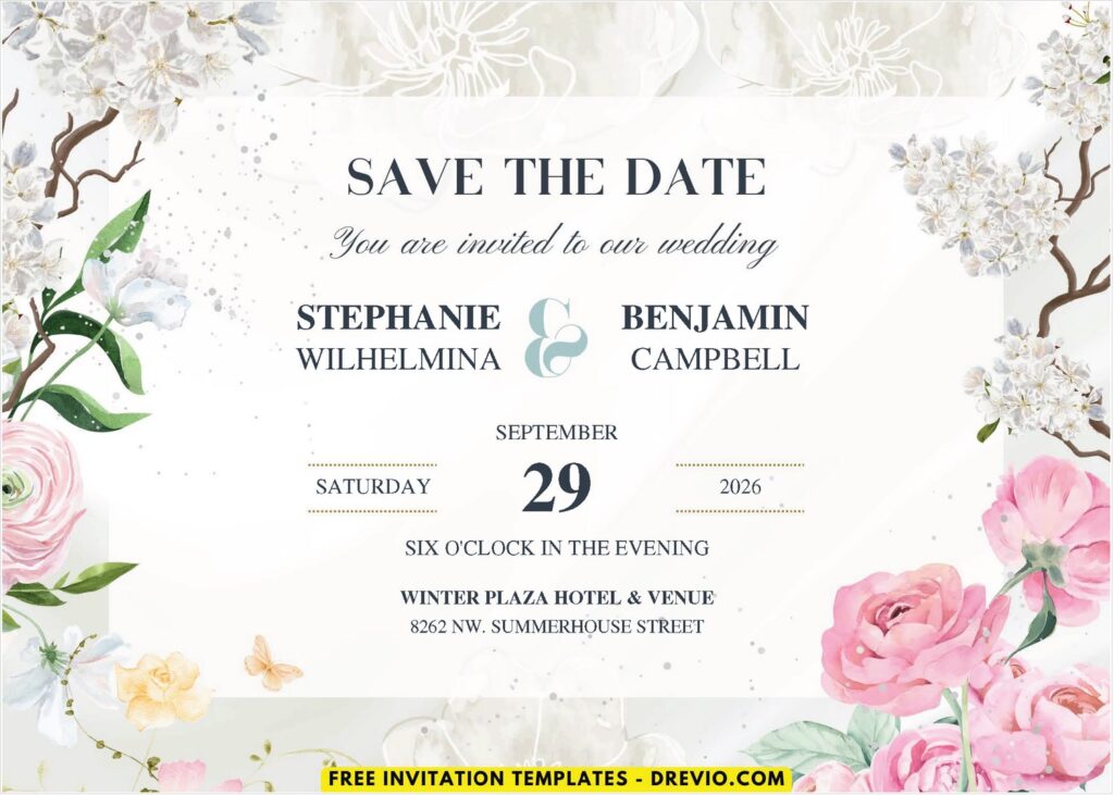 Botanic Garden Blooms Wedding Invitation with watercolor rose