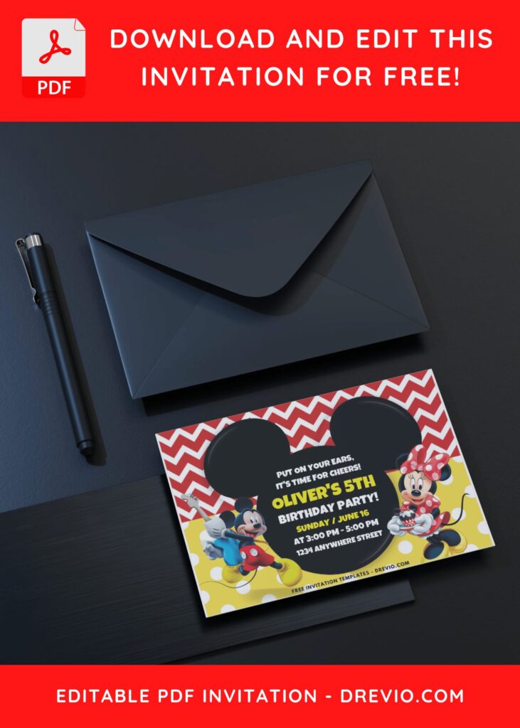 Mickey Mouse Ears chevron Birthday Invitation