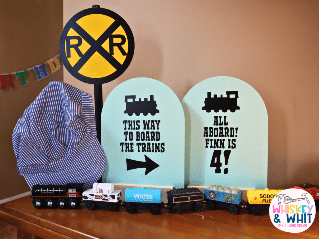 Train toys and rail road sign