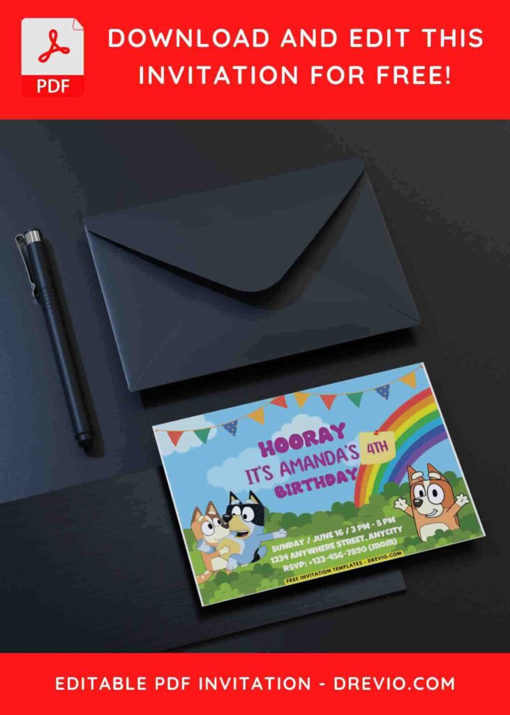 Happy Bluey and Bingo Kids Birthday Invitation