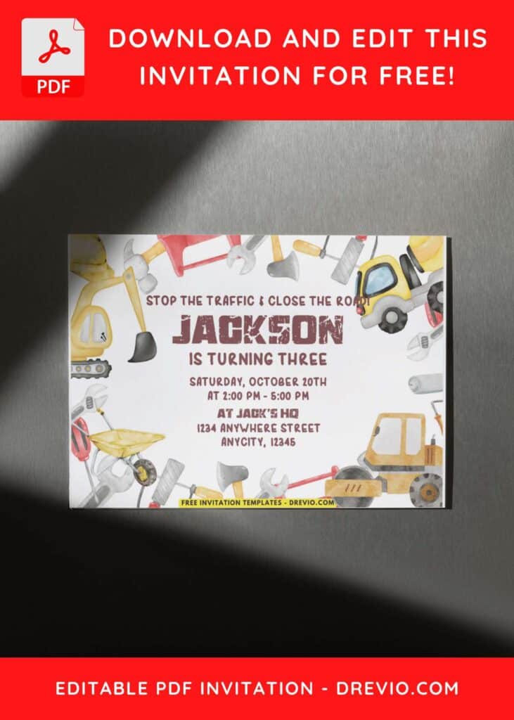 Construction Excavator and Road Roller Machine Birthday Invitations