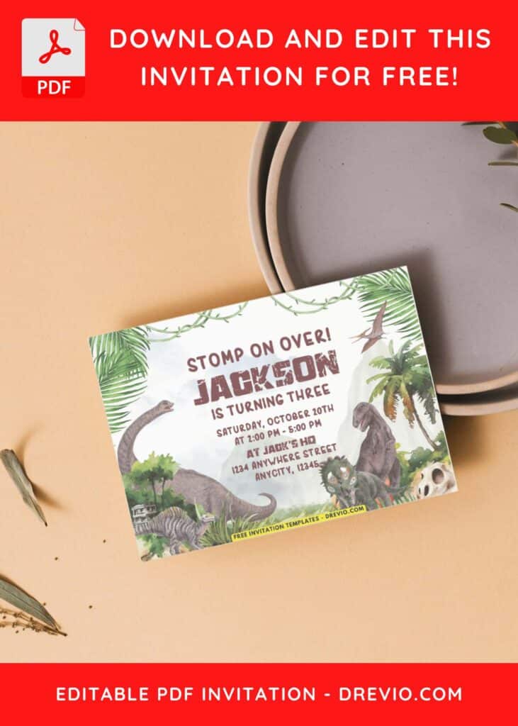 Watercolor Dinosaur Jungle Birthday Invitations