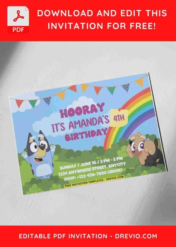 Colorful Rainbow and Bunting flag Bluey Kids Birthday Invitation