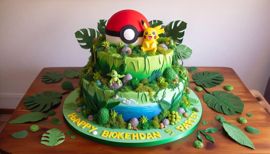 Pokemon Jungle Birthday Cake with edible Greenery and Pokeball