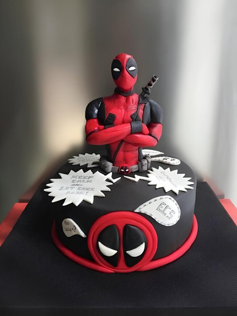 Deadpool Cake with bubble speech fondant