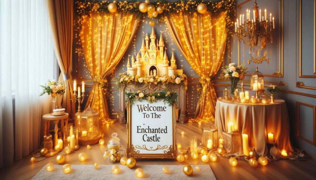 Bella’s Princess Belle Themed Party backdrop with Sparkling gold curtain and