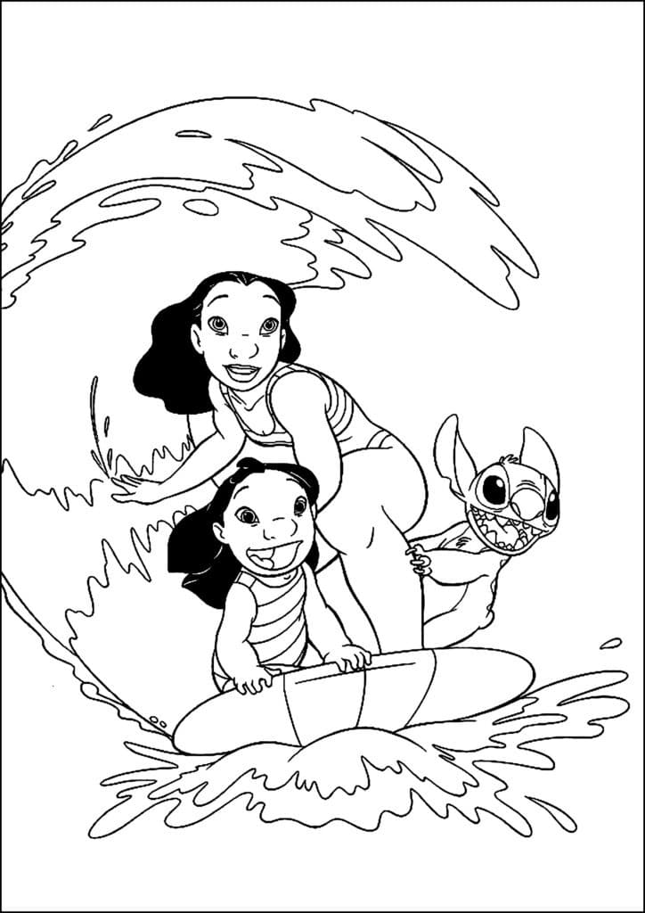 Lilo and Stitch Surfing Coloring Pages Templates