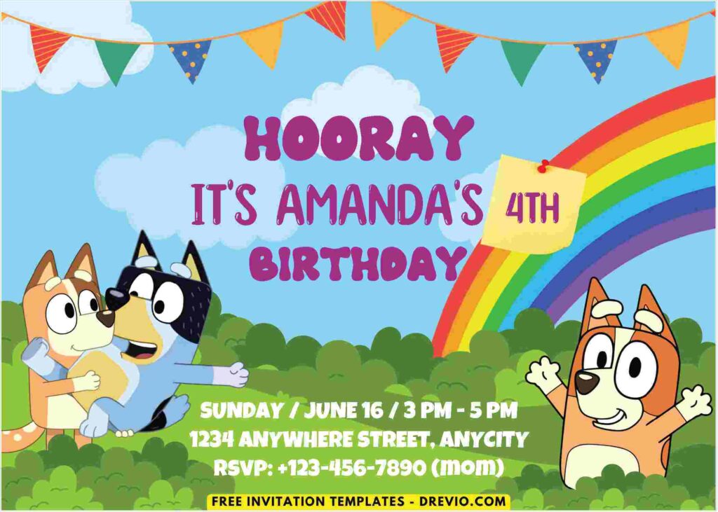 Rainbow Bluey Birthday Invitation Templates