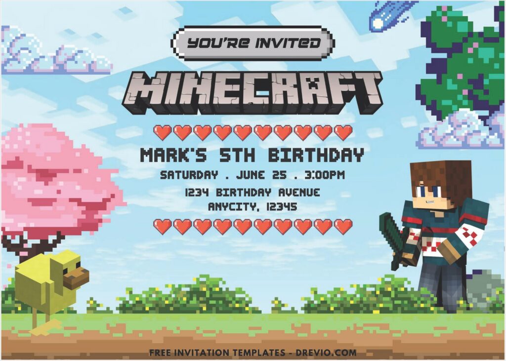 Pixel Minecraft Gamer Birthday Invitation