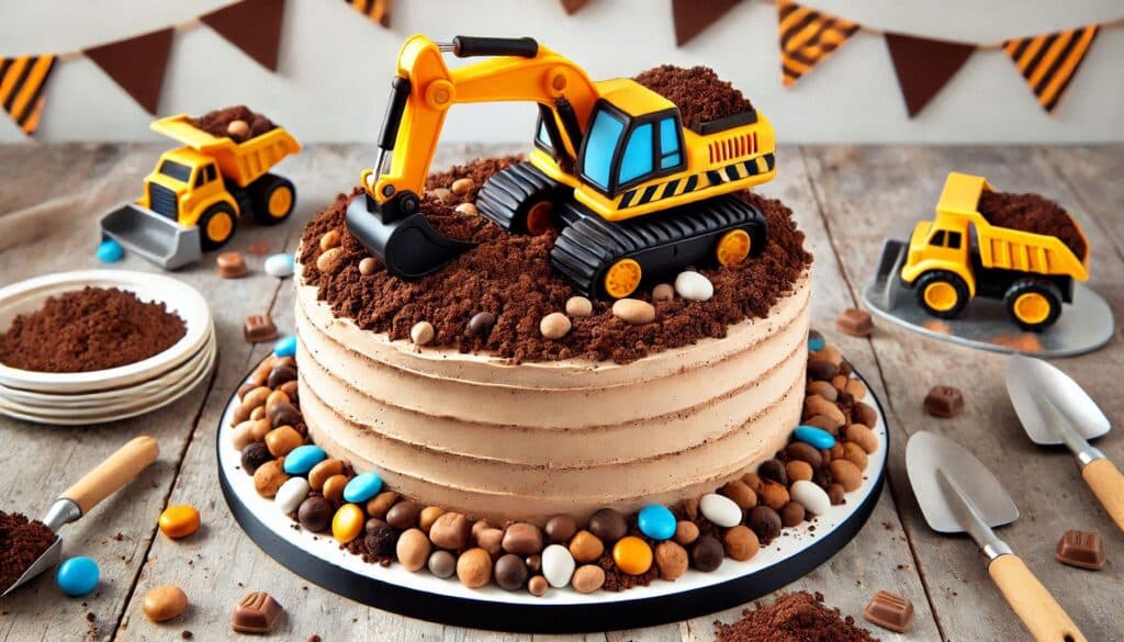 Construction cake with chocolate frosting “dirt,” candy rocks, and a toy excavator