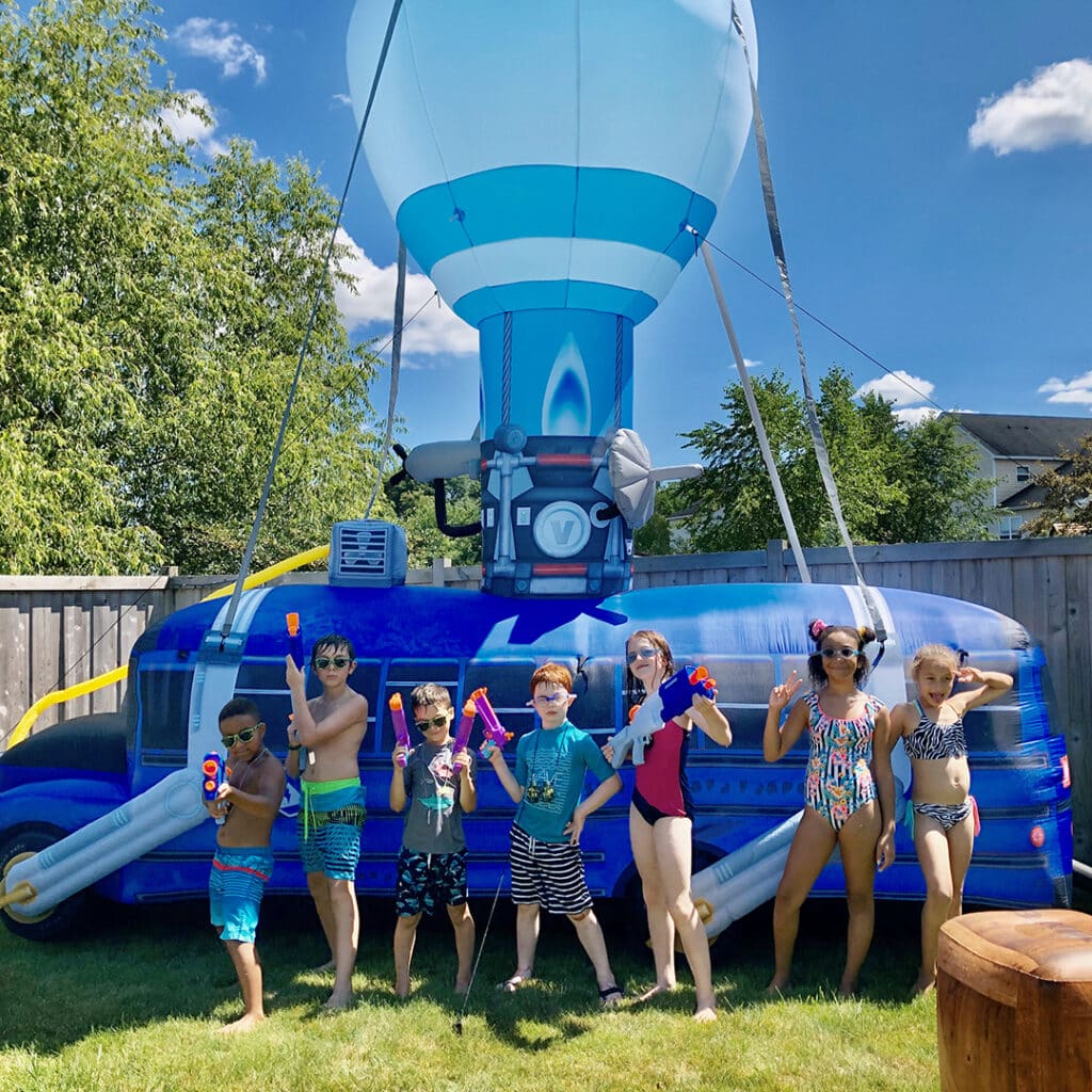 Fortnite Battle bus birthday party in the backyard