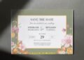 Botanical Daisy and Rose wedding invitation with slice of citrus orange