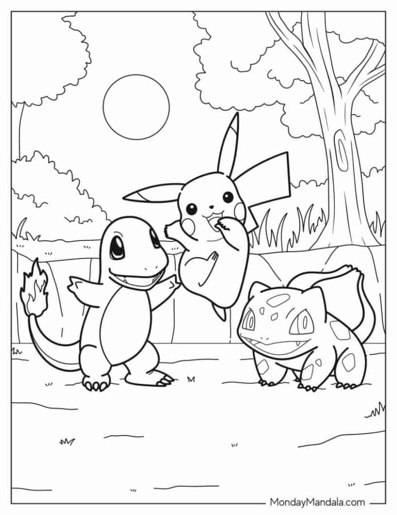 Pokemon Pikachu Charmander and Bulbasaur Coloring Pages Templates