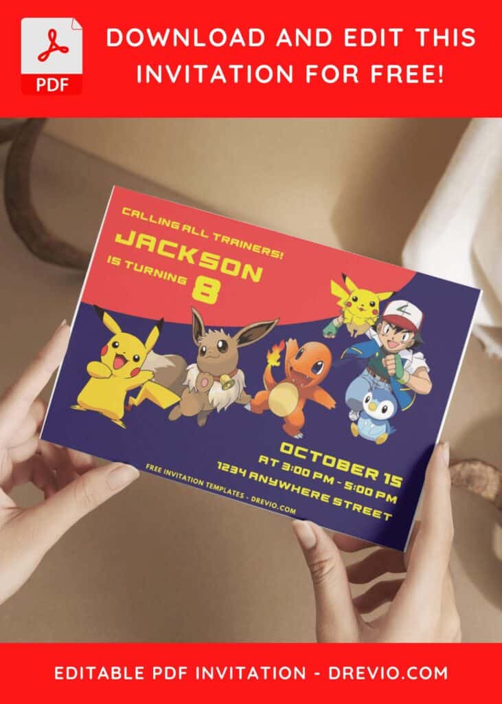 Pokemon Pikachu and Ash Birthday Invitations